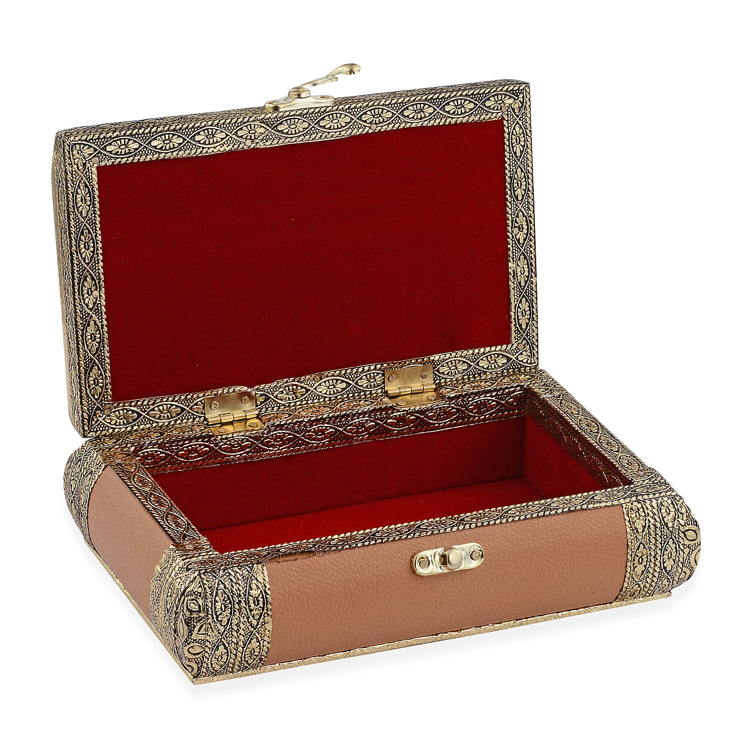 Handcrafted Camel Colour Eco Leatherette, Floral Engraved Aluminum Jewelry Box (Size 20x12x6cm)