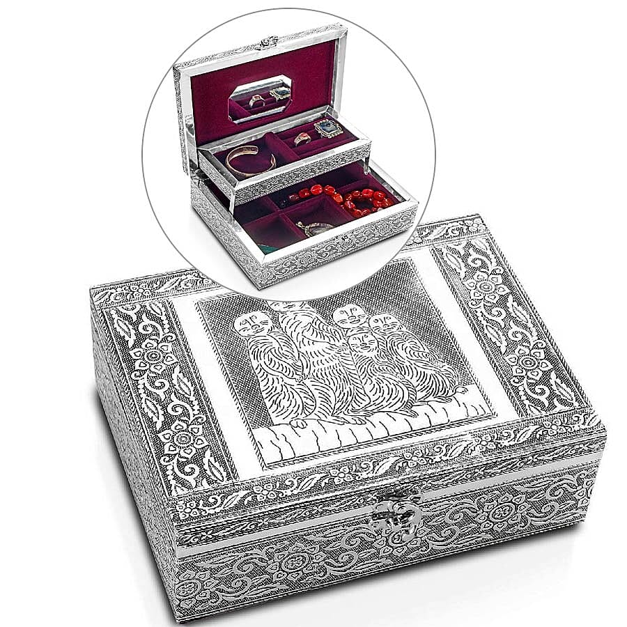 Meerkat Family Embossed Jewellry Box with Movable Tray in Silver Tone (22.8x16.5x7.6)