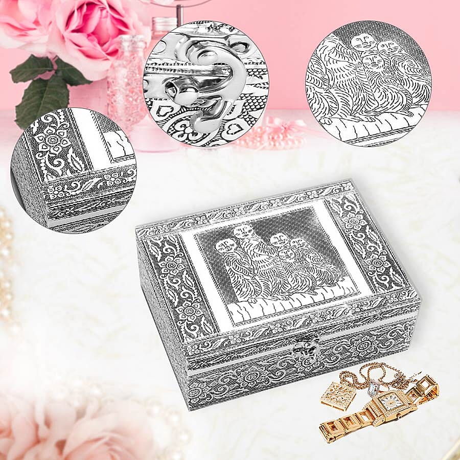 Meerkat Family Embossed Jewellry Box with Movable Tray in Silver Tone (22.8x16.5x7.6)