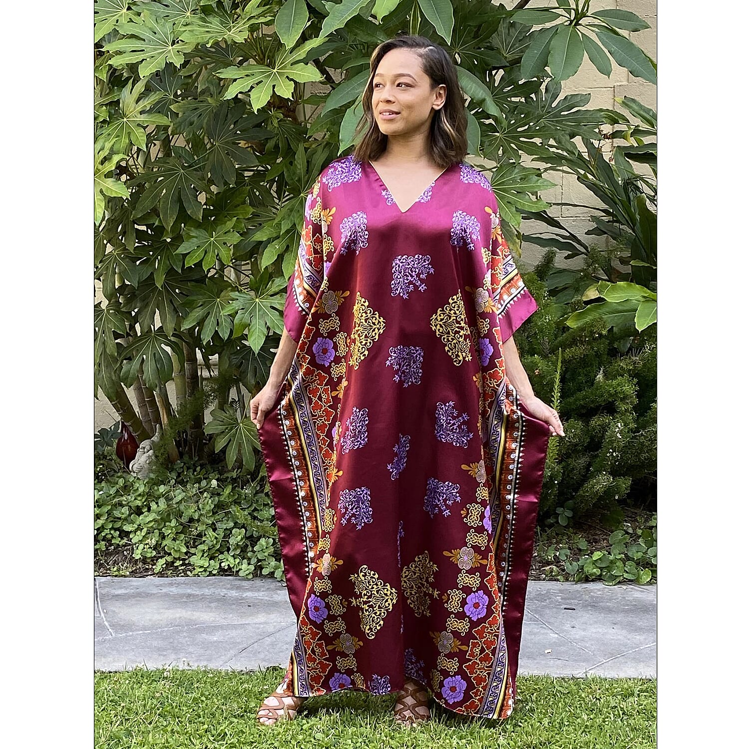 Winlar LAUREL Long Flower Print Dress (One Size, S - XXL) - Burgundy