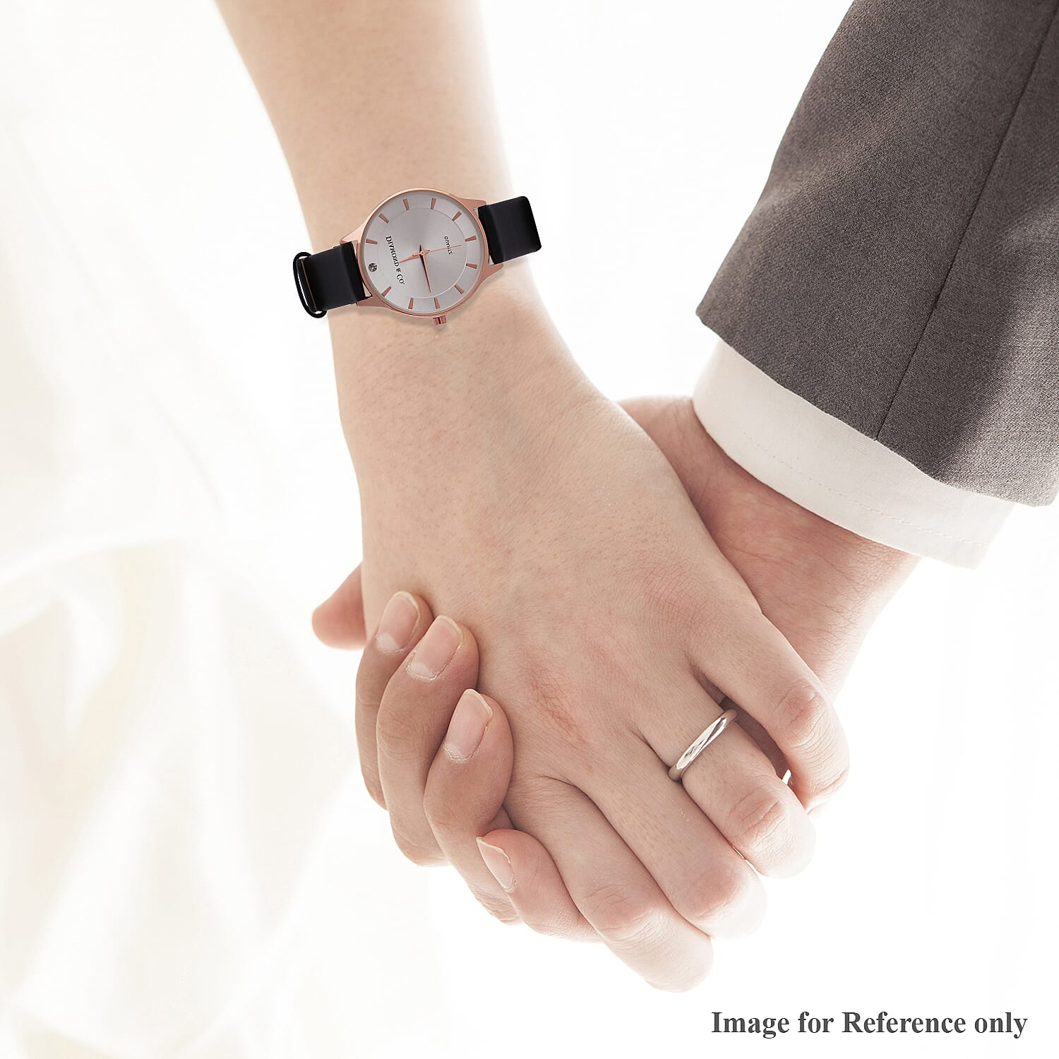 DIAMOND & CO LONDON- Diamond Studded Watch with Black Genuine Leather Strap and Rose Gold Dial