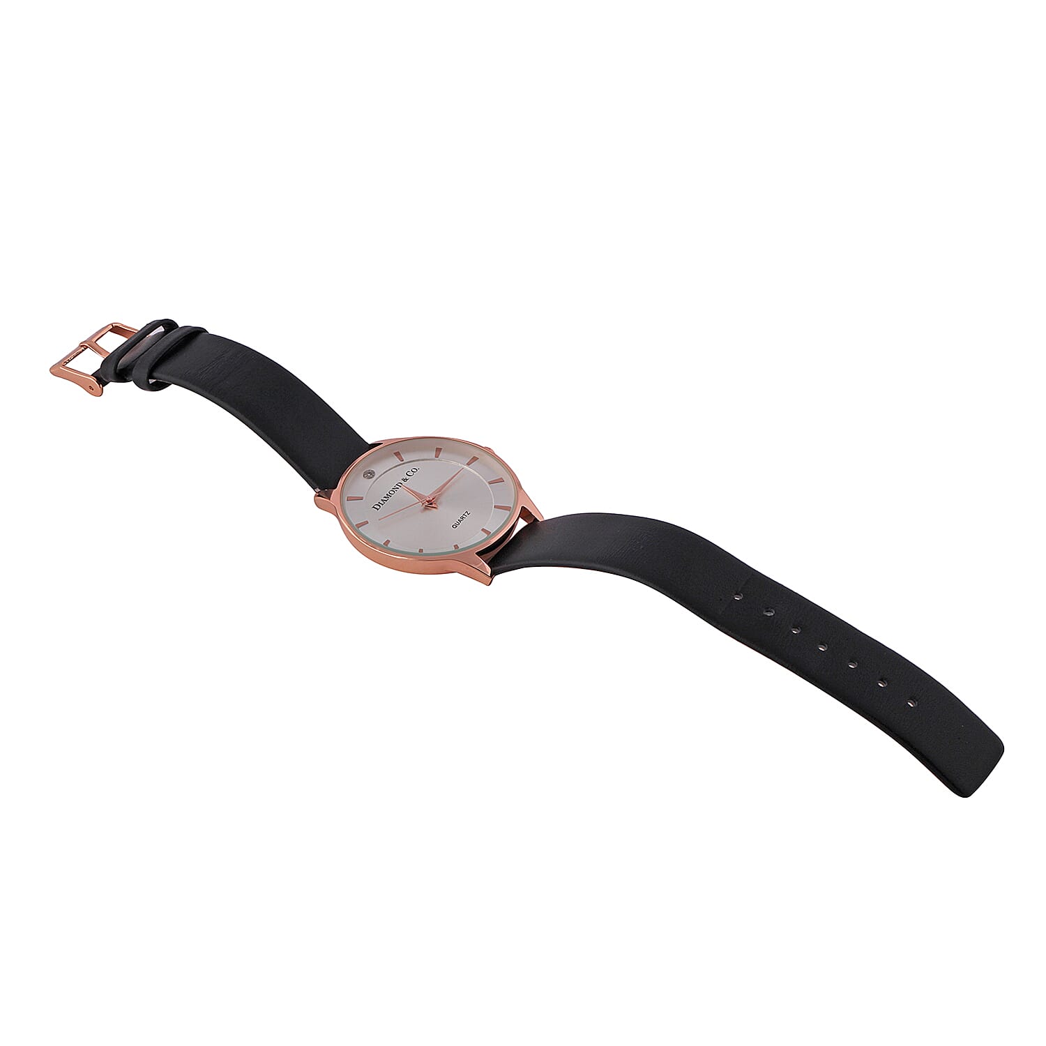 DIAMOND & CO LONDON- Diamond Studded Watch with Black Genuine Leather Strap and Rose Gold Dial