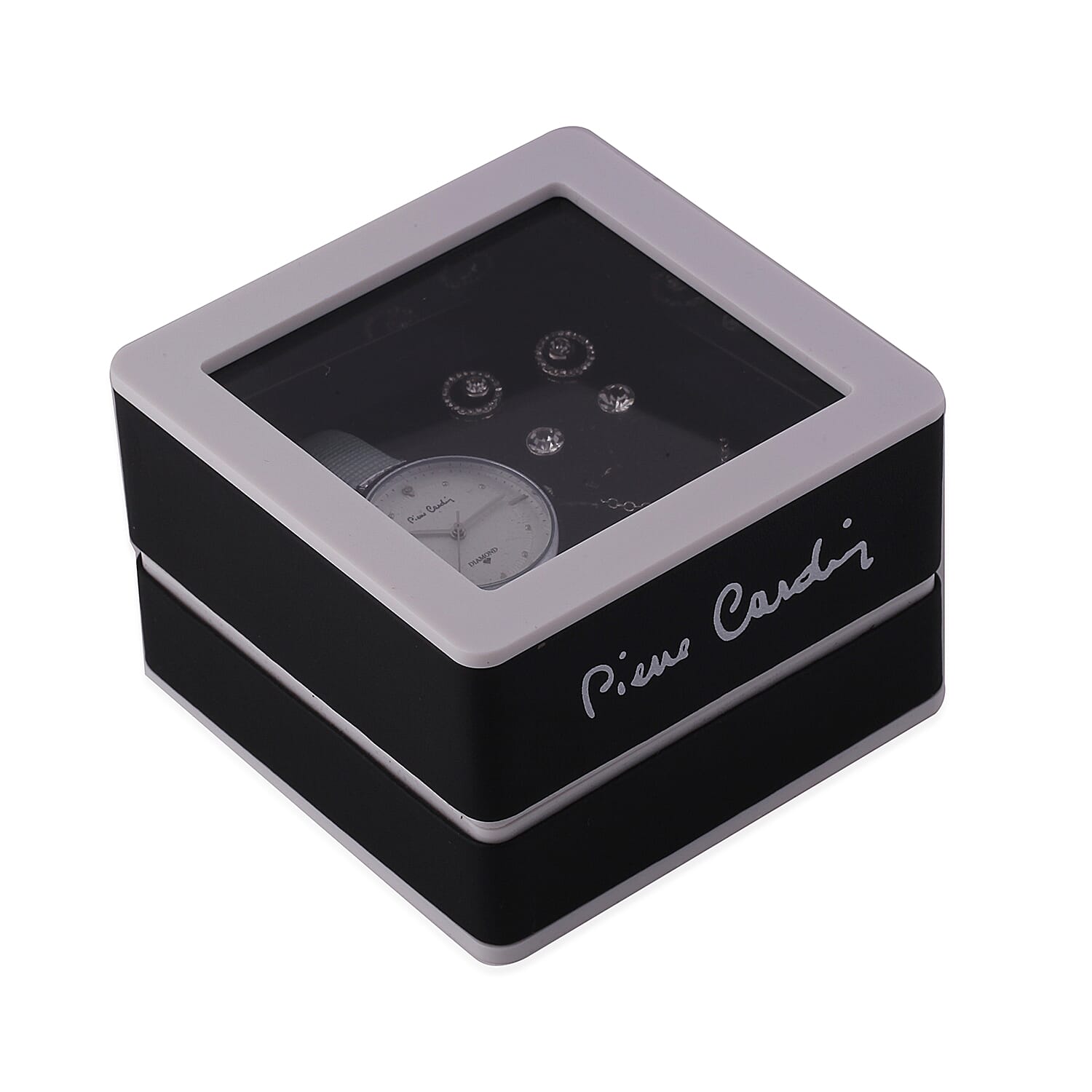 4 Piece Pierre Cardin Diamond Collection Ladies Set - Includes Diamond Studded Light Blue Leather Strap Watch, Pendant with Chain (Size 18 with 2 inch Extender) and Set of 2 Crystal Stud Earrings