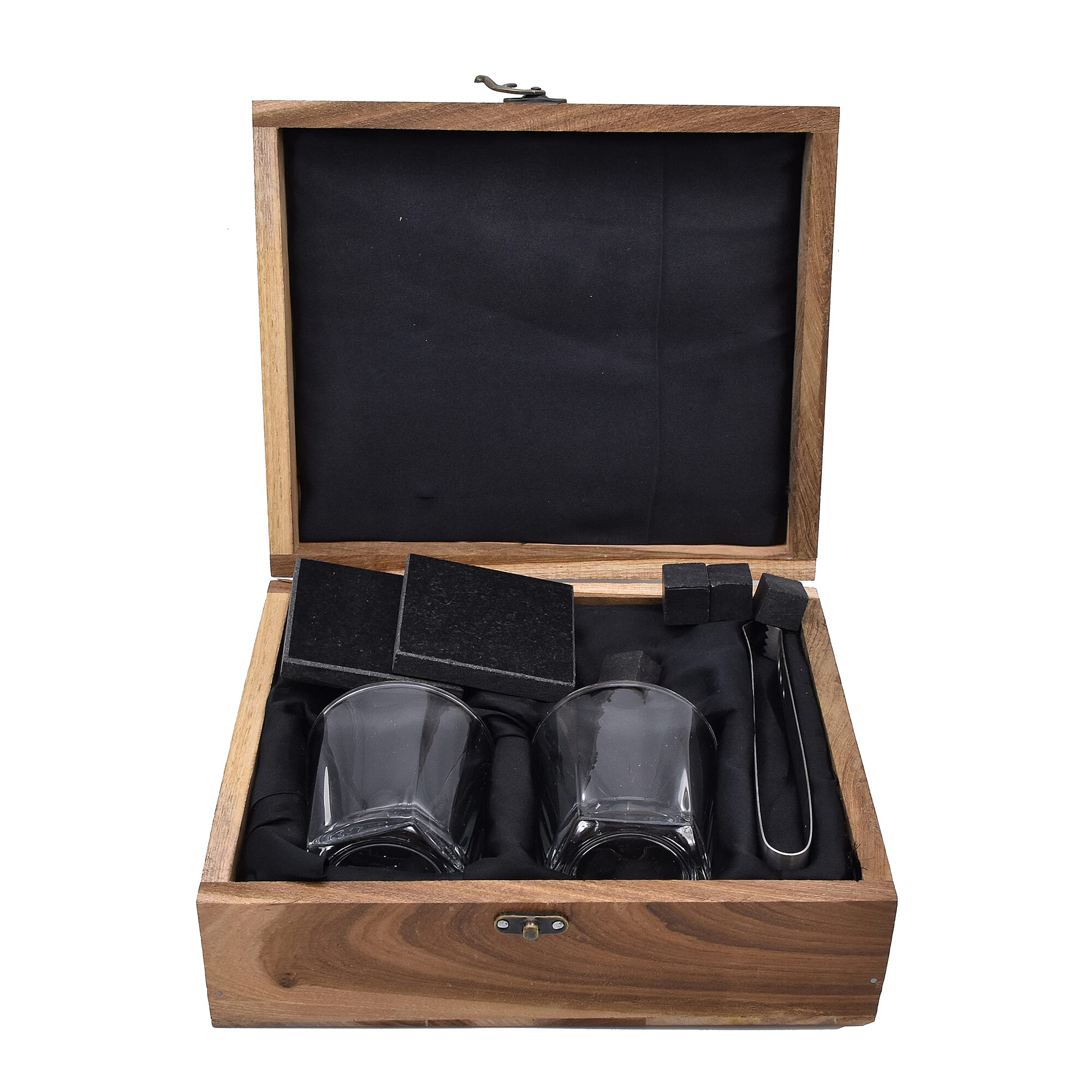 Set Of 2 Whiskey Glasses, Coasters, Chilling Stones & Pair Of Tongs in Wooden Gift Box
