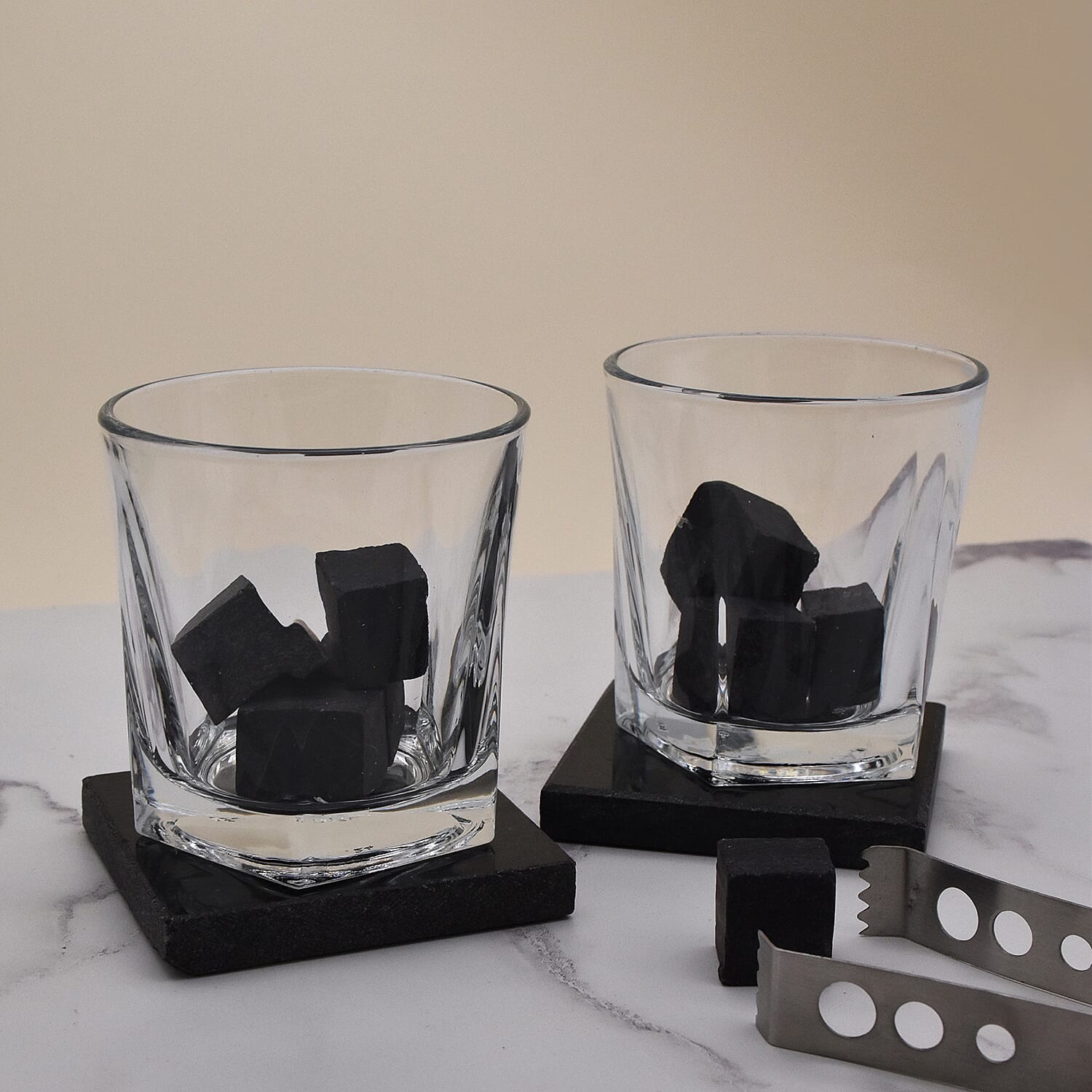 Set Of 2 Whiskey Glasses, Coasters, Chilling Stones & Pair Of Tongs in Wooden Gift Box