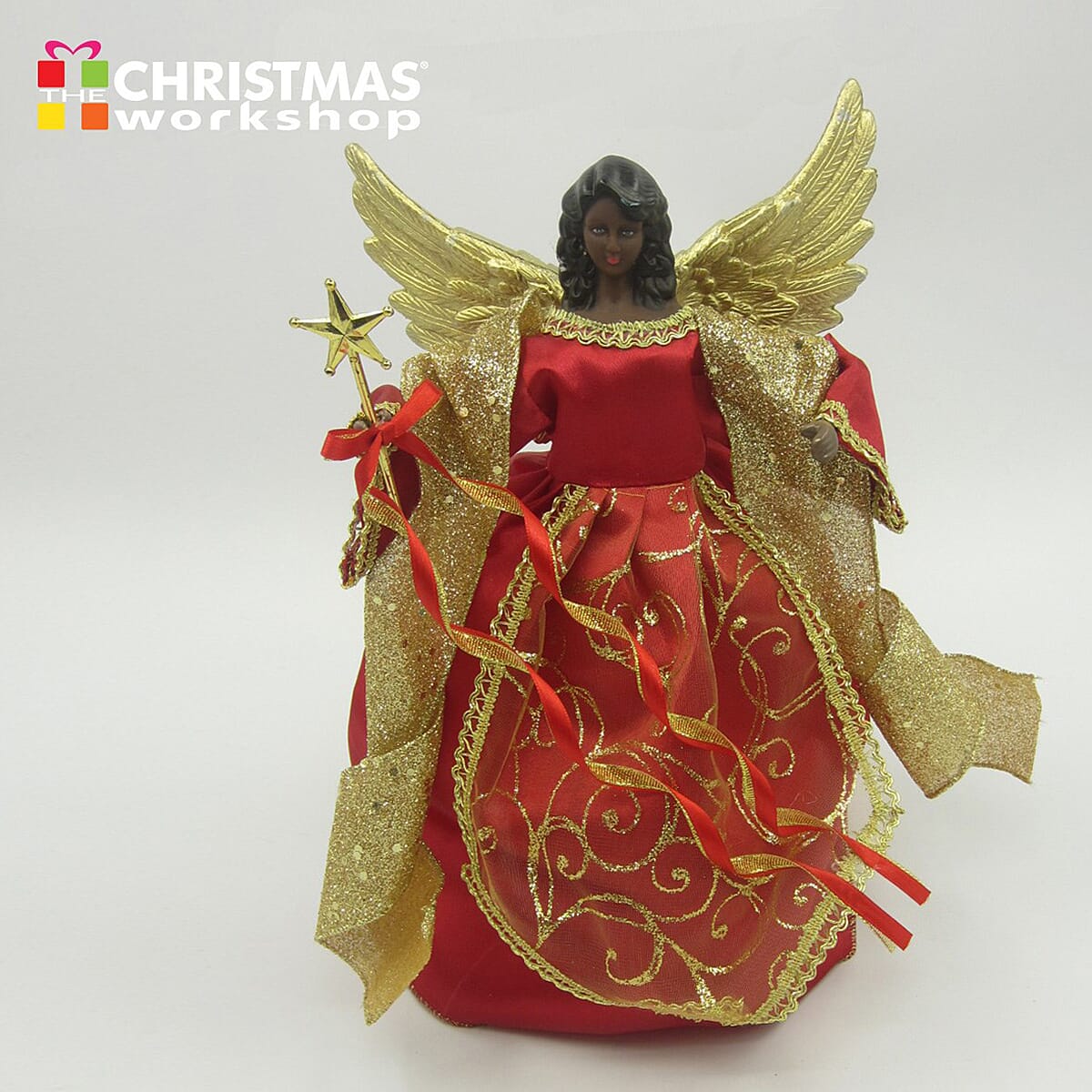 30cm Red and Gold Angel with Feathered Wings