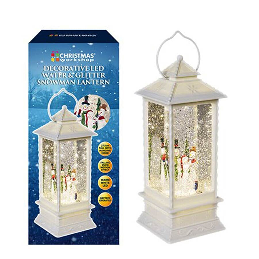 LED Water & Glitter Snowman Lantern (Size 10.5x10.5x27.5cm) - White (3xAA Battery not Included)