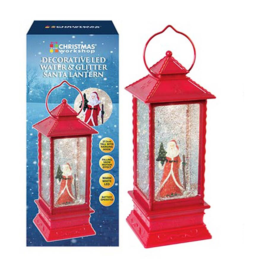 LED Water & Glitter Santa Lantern (Size 10.5x10.5x27.5cm) - Red (3xAA Battery not Included)