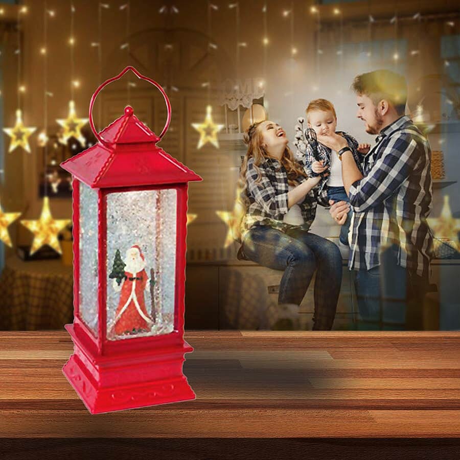 LED Water & Glitter Santa Lantern (Size 10.5x10.5x27.5cm) - Red (3xAA Battery not Included)
