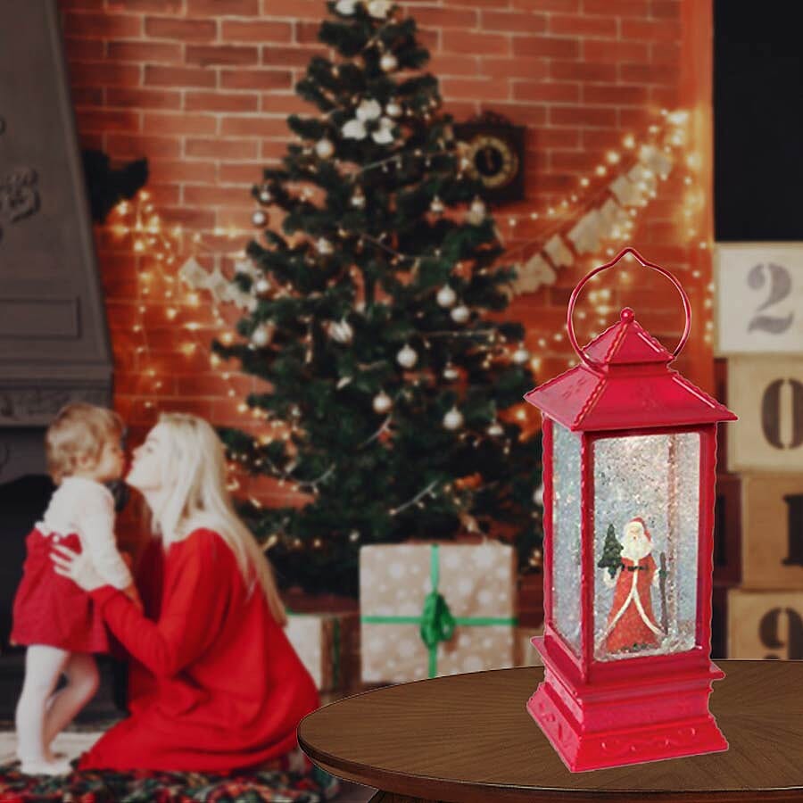 LED Water & Glitter Santa Lantern (Size 10.5x10.5x27.5cm) - Red (3xAA Battery not Included)