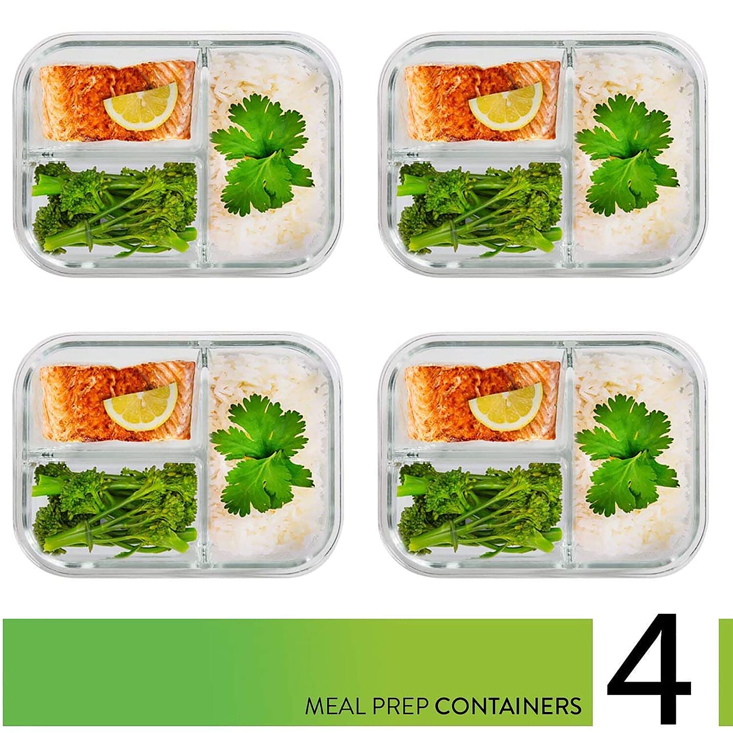 4 Piece Set - Multi Purpose Reusable Airtight & Leak-free Food Glass Container Boxes with Lids (+ 20 free plastic sauce pots)