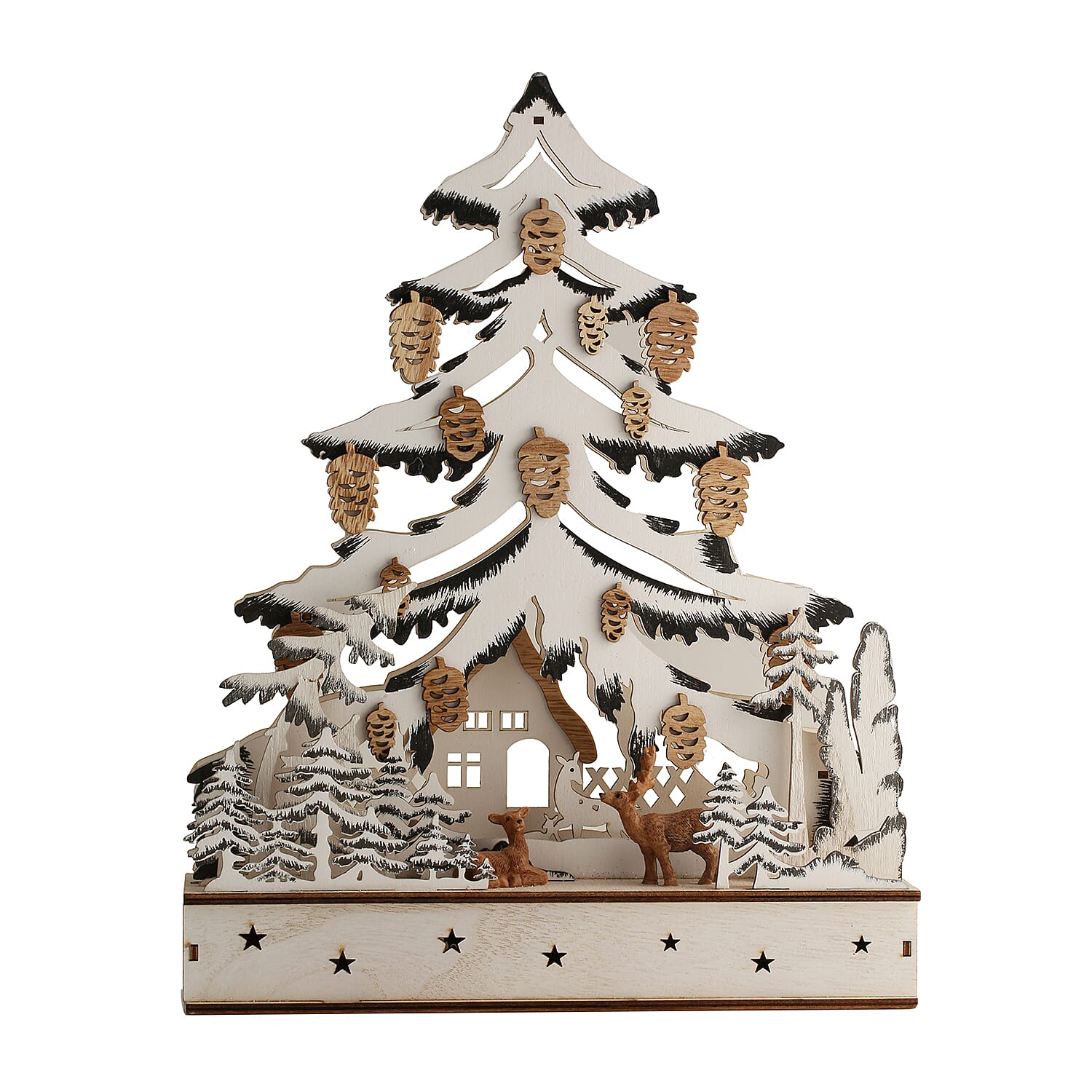 Wooden Christmas Tree Forest Scene LED Battery Operated House with Timer (Size: 30x7.5x38.5cm) (2xAA Battery not Included)