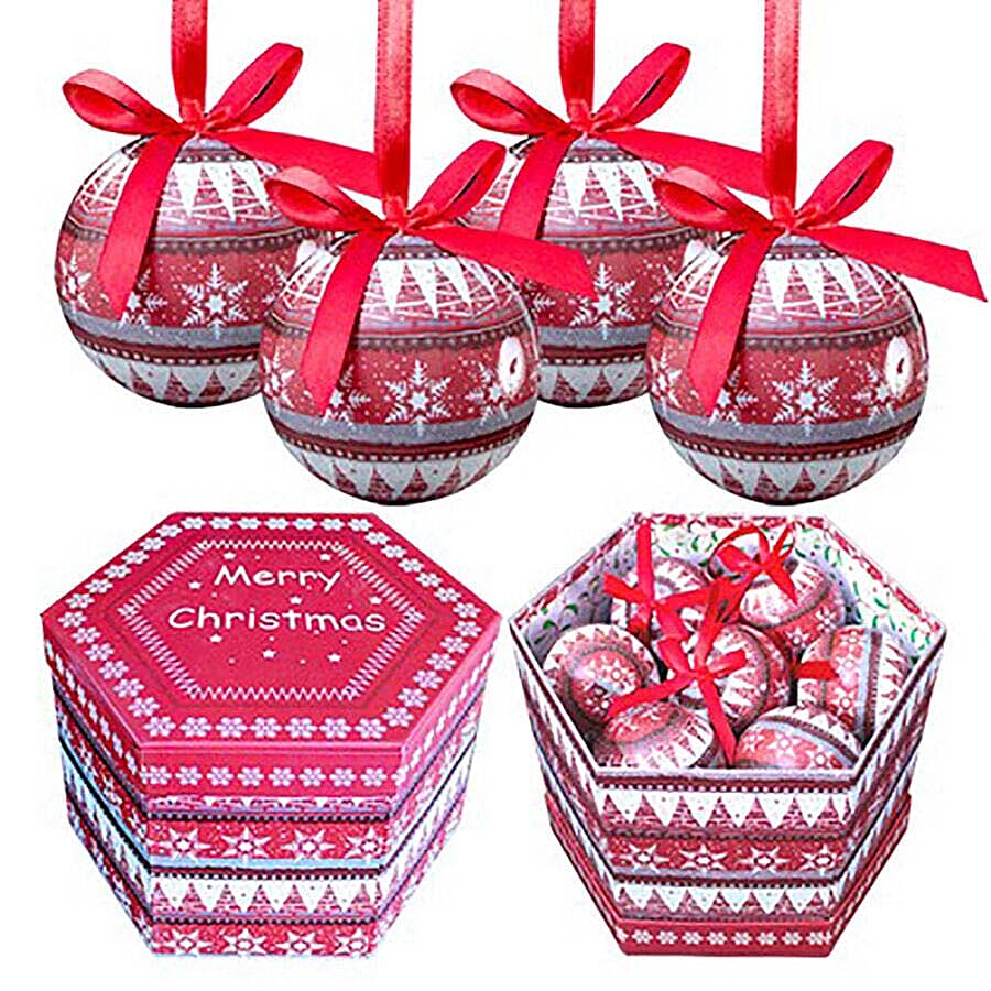 Set fo 14 - Pink and Multi Colour Christmas Decoration Nordic Decoupage Pattern Baubles in a Box (Size 21.5X15 Cm)