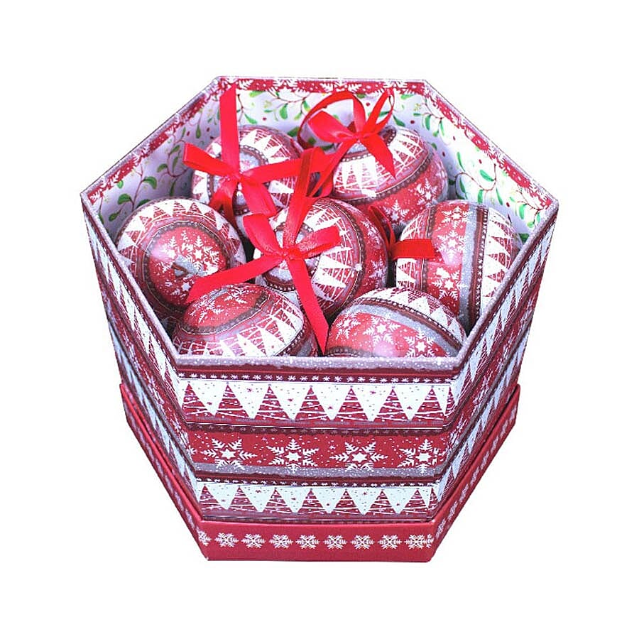 Set fo 14 - Pink and Multi Colour Christmas Decoration Nordic Decoupage Pattern Baubles in a Box (Size 21.5X15 Cm)