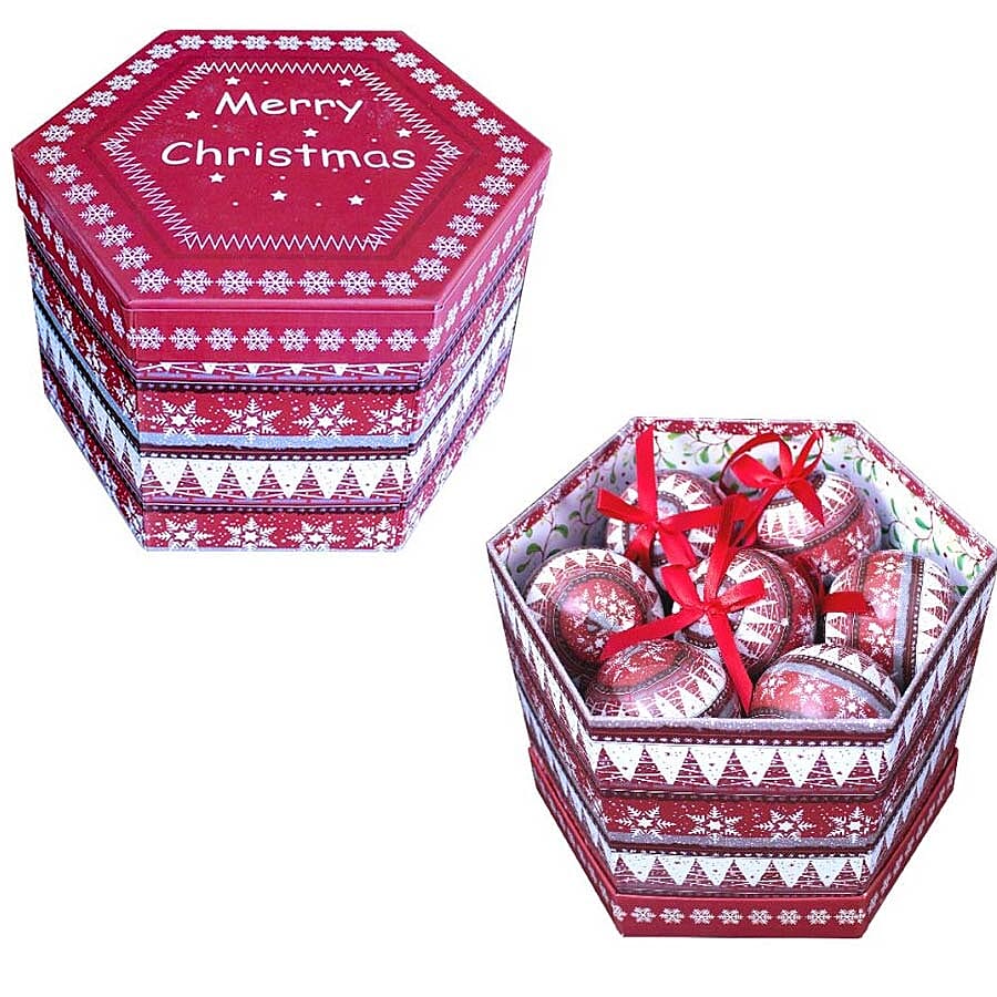 Set fo 14 - Pink and Multi Colour Christmas Decoration Nordic Decoupage Pattern Baubles in a Box (Size 21.5X15 Cm)