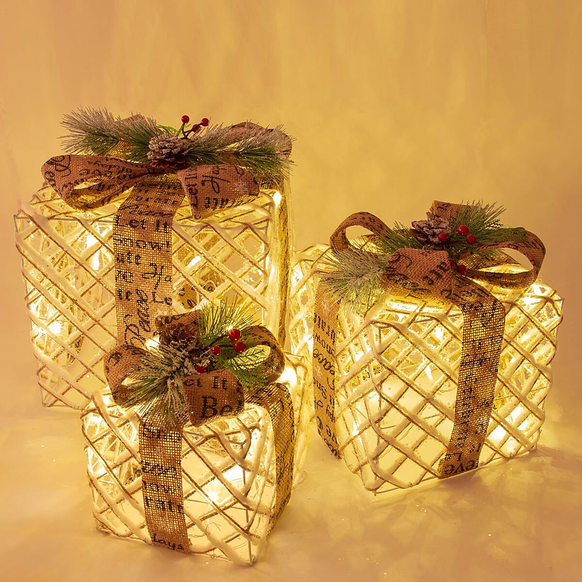 Set of 3 Rattan LED Christmas Gift Box with Brown Bow (Size 20x20x24cm, 15x15x18cm, 25x25x30cm)
