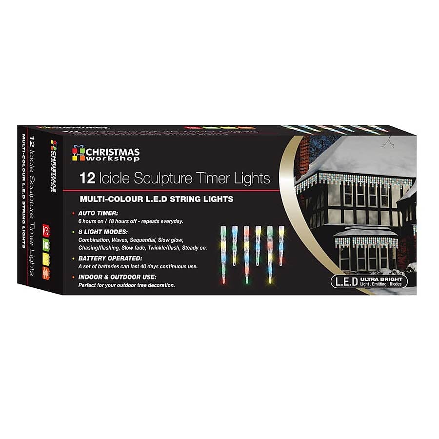 Indoor/Outdoor 12 LED Icicle Battery Operated Timer Chaser Lights - Multi Coloured (3C Battery not Included) - 1.65m plus