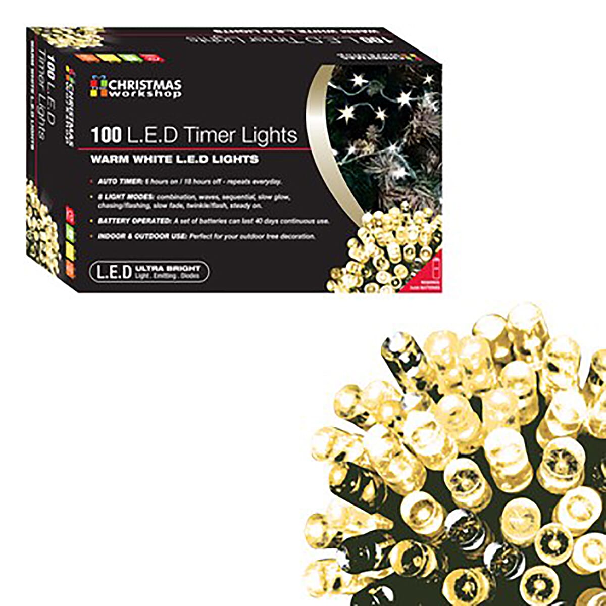 100 LED Battery Operated Timer Lights - Warm White (3xAA Battery not Included)