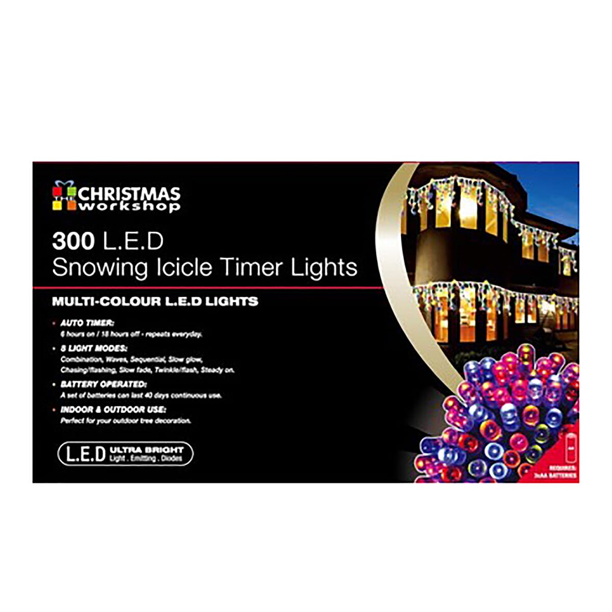 300 LED Snowing Icicle Battery Operated Timer Lights - Multi Colour (3C Battery not Included)