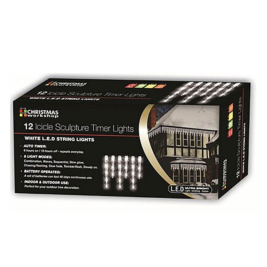 Indoor/Outdoor 12 LED Icicle Battery Operated Timer Lights - White (3C Battery not Included) 1.65m plus