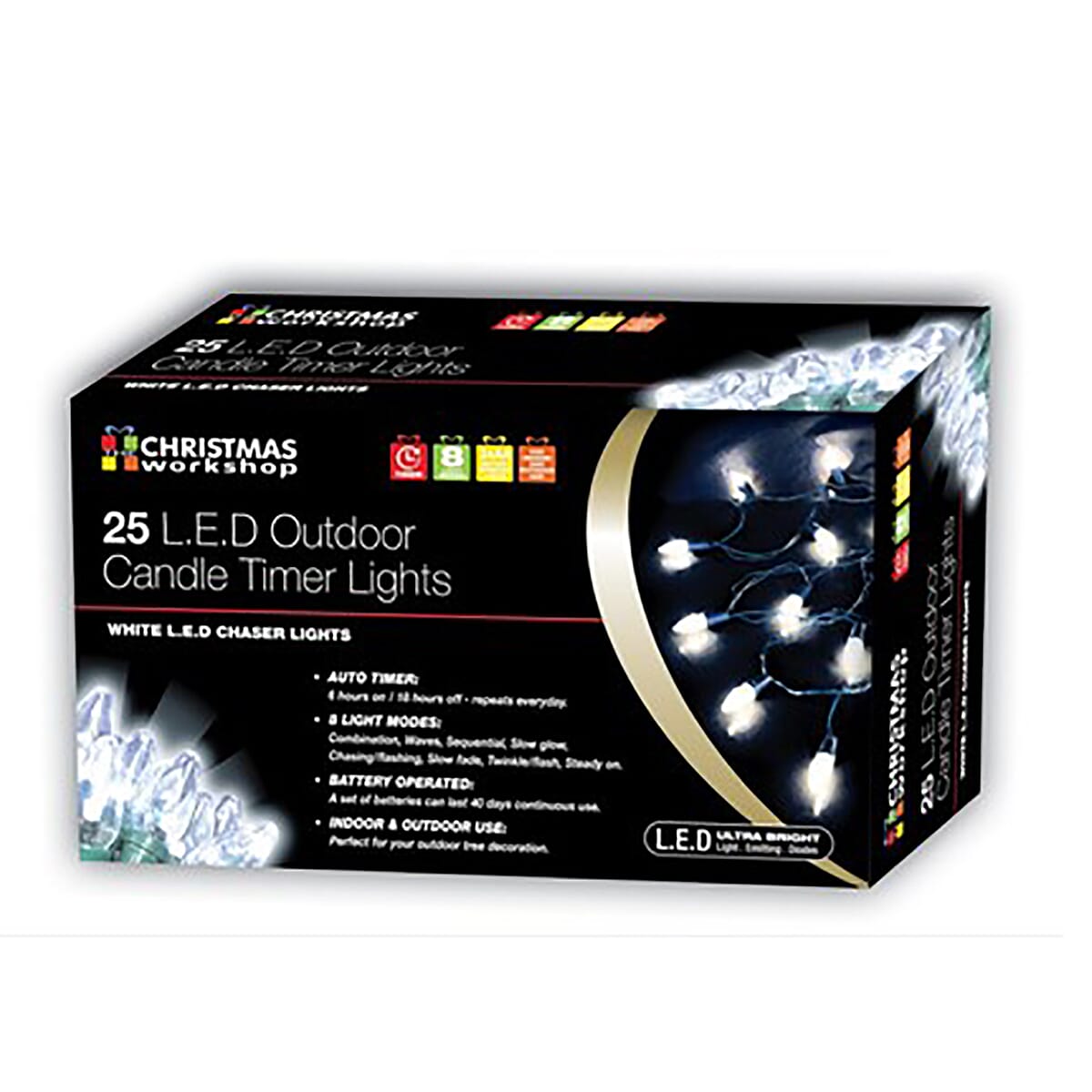 25 LED Outdoor Battery Operated Candle Timer Chaser - White (3C Battery not Included)
