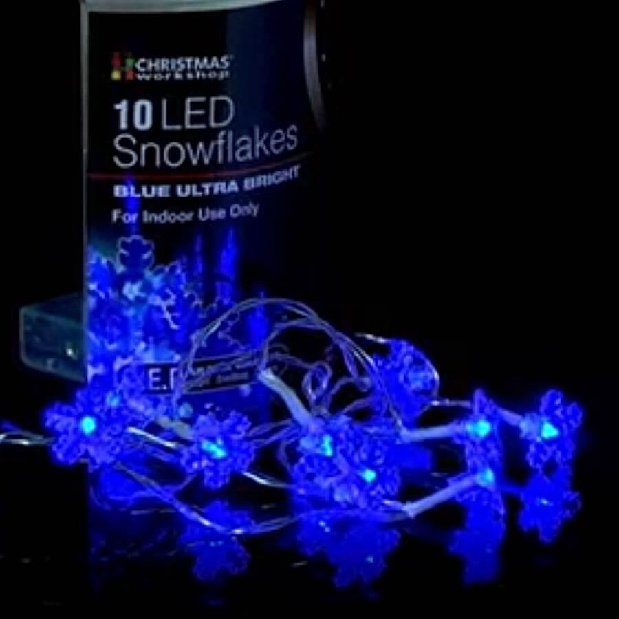 10 Blue Snowflake LED Battery Operated Lights (2xAA Battery not Included)