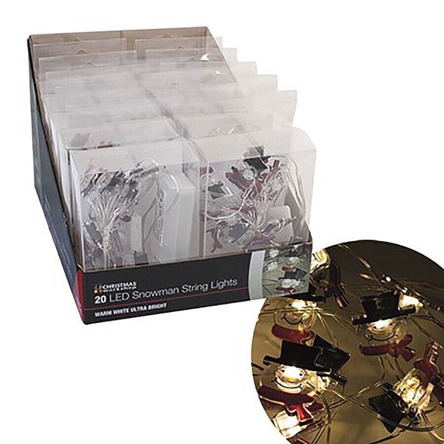 20 Micro LED Snowman String Lights - (Size 40cm) - Warm White (2xAA Battery not Included)