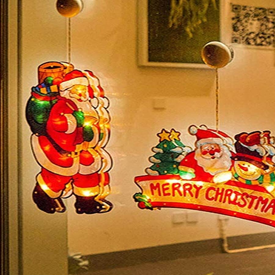 Battery Operated Santa Metallic Silhouette Window Light with Timer (Size 24x45 Cm)