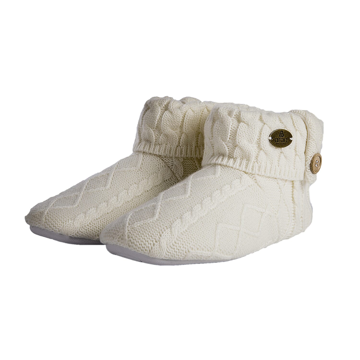 ARAN Knitted Design Bootie Slippers with Fleece Llining - White