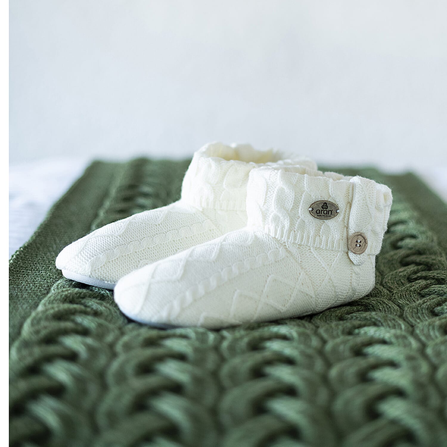 ARAN Knitted Design Bootie Slippers with Fleece Llining - White