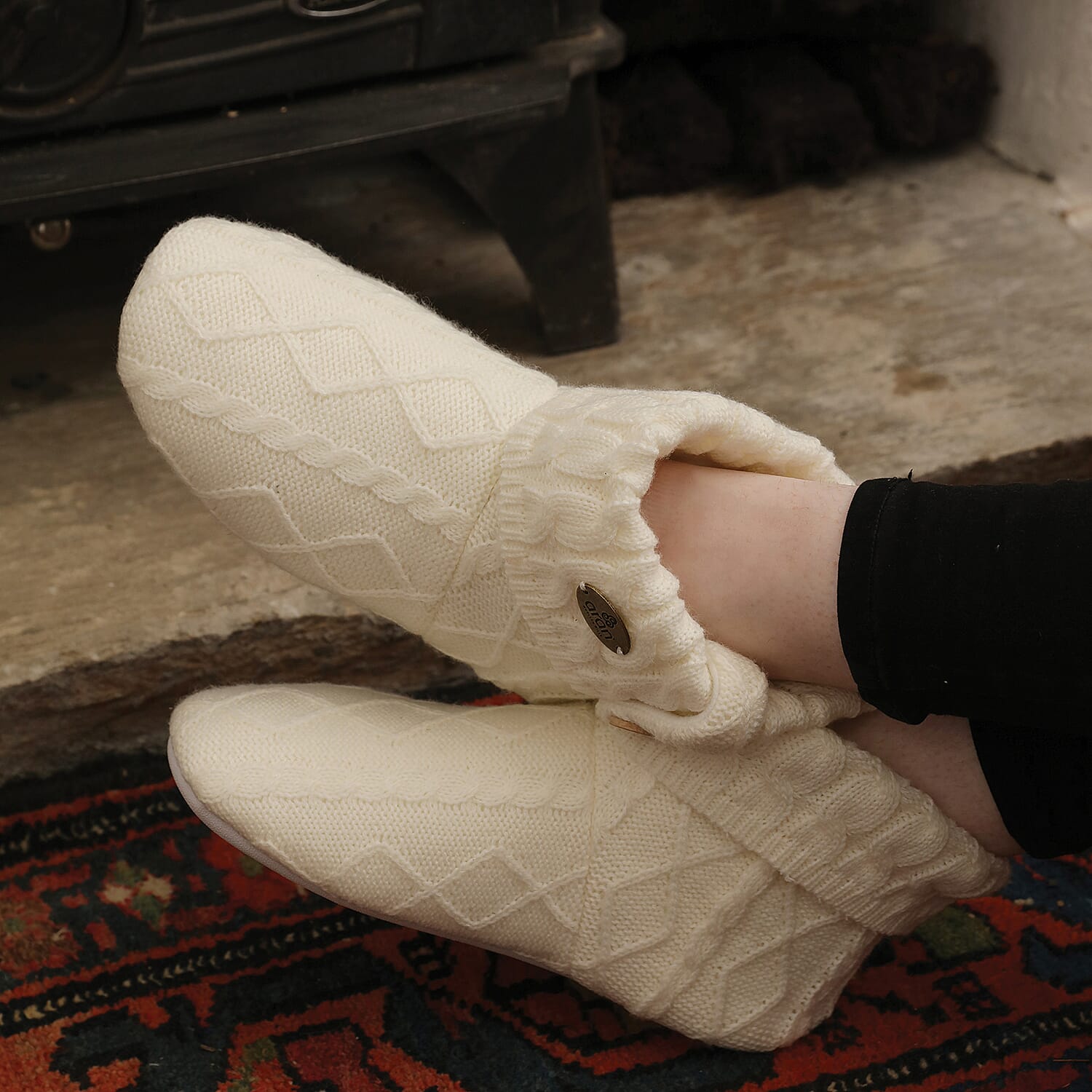 ARAN Knitted Design Bootie Slippers with Fleece Llining - White