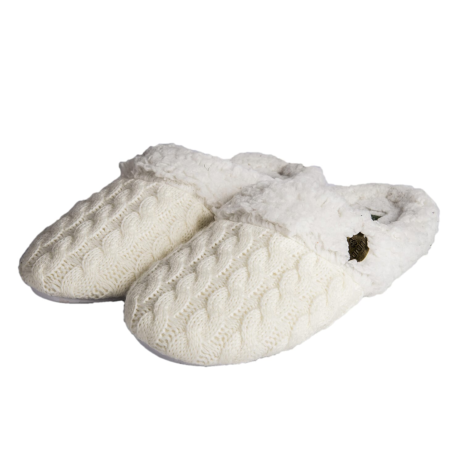 ARAN Knitted Design Slip-on Slippers with Fur Lining - White