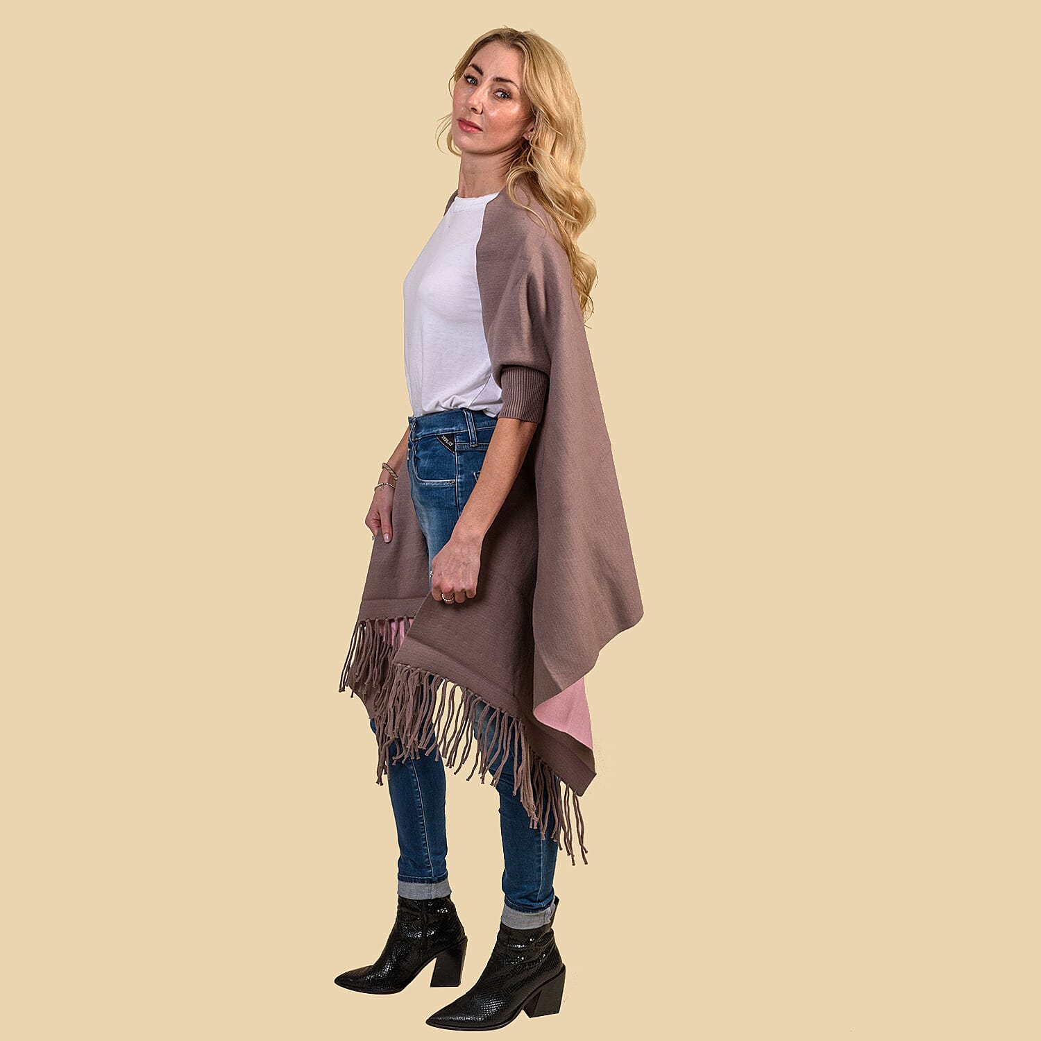 Kris Ana Wrap with Tassels (Size One, 8-18) - Taupe and Pink