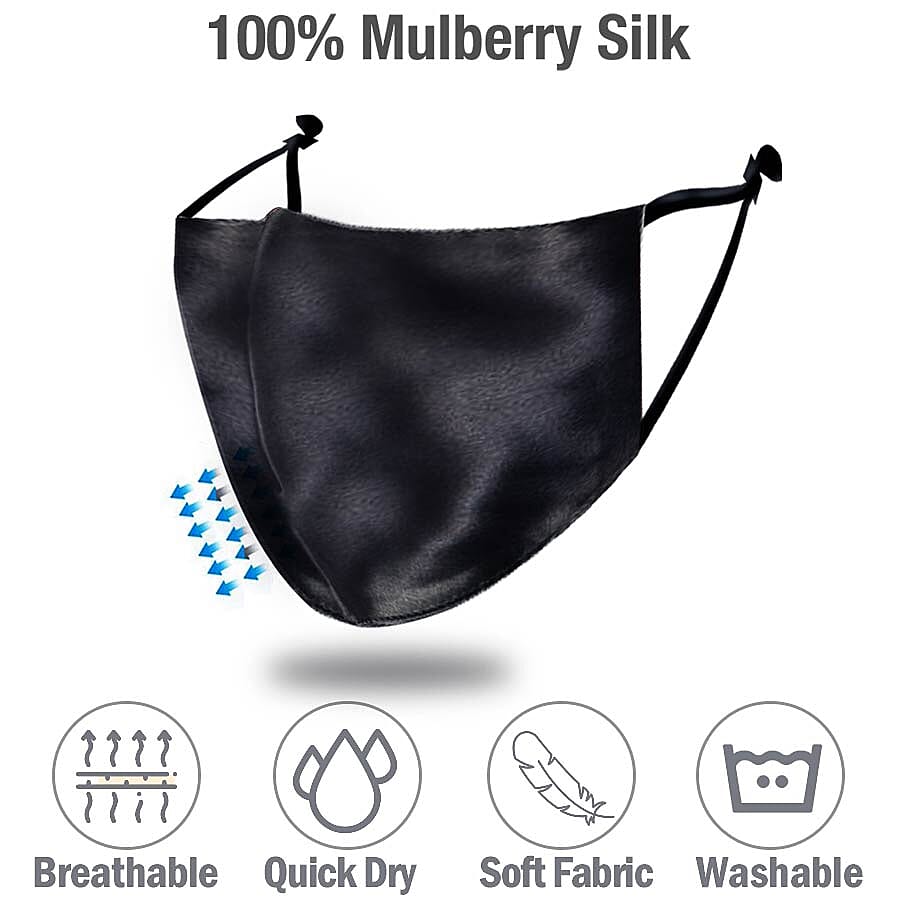 100% Mulberry Silk Face Cover with 7 pcs Melt Blown Cotton Pad (Size 22.5x14 Cm) - Black