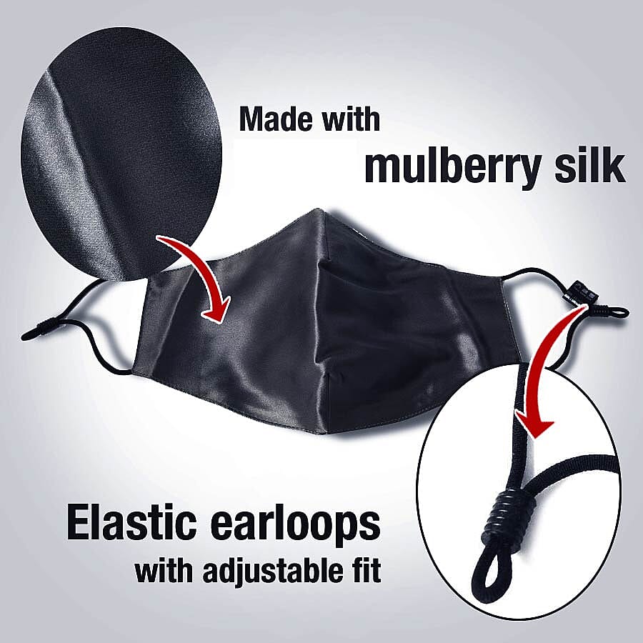 100% Mulberry Silk Face Cover with 7 pcs Melt Blown Cotton Pad (Size 22.5x14 Cm) - Black