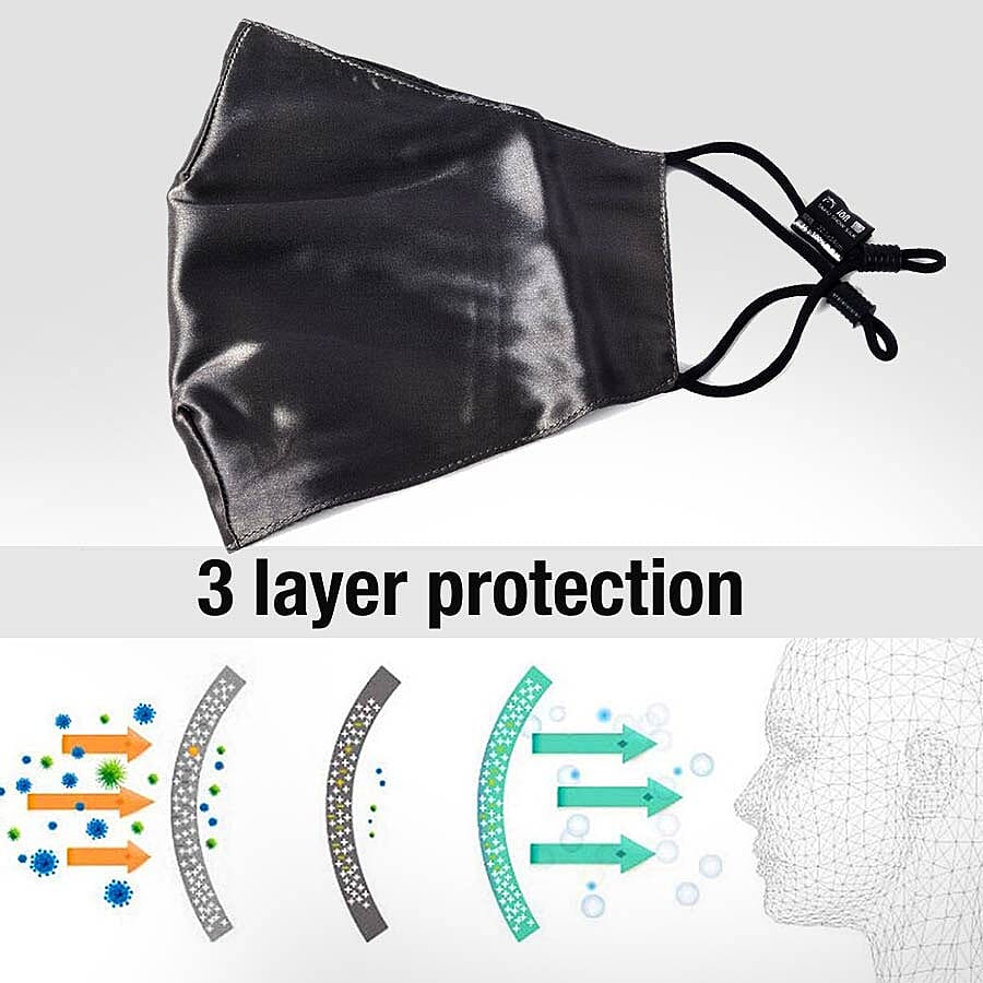 100% Mulberry Silk Face Cover with 7 pcs Melt Blown Cotton Pad (Size 22.5x14 Cm) - Black