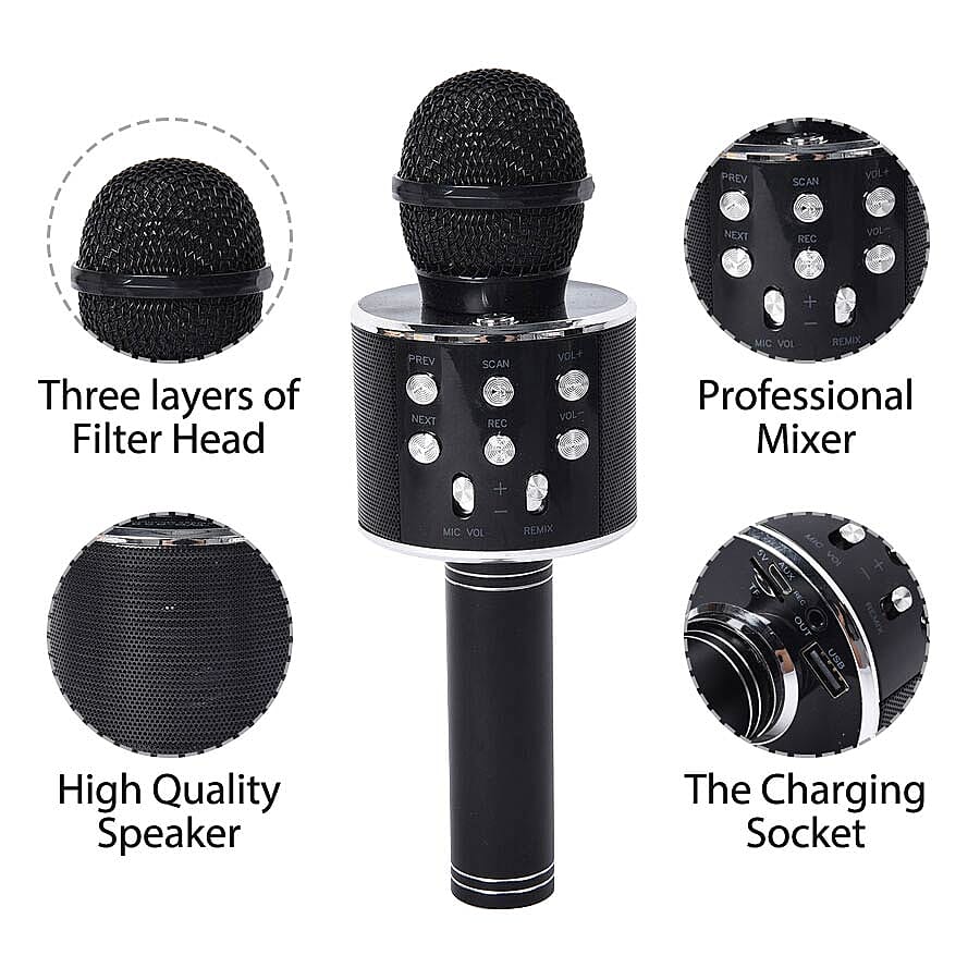 Wireless Karaoke Microphone Speaker with Bluetooth & USB Cable - Black