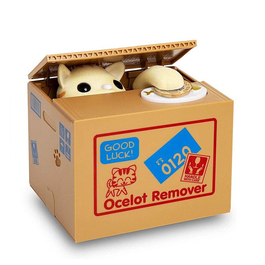 Coin Stealing Cat Money Box (Size 12x10x9cm) - 2xAA Batteries Not Included