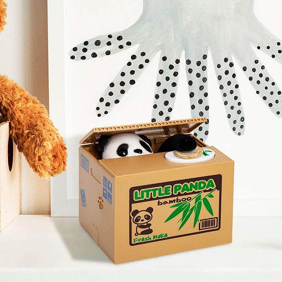 Coin Stealing Panda Money Box (Size 12x10x9cm) - 2xAA Batteries Not Included