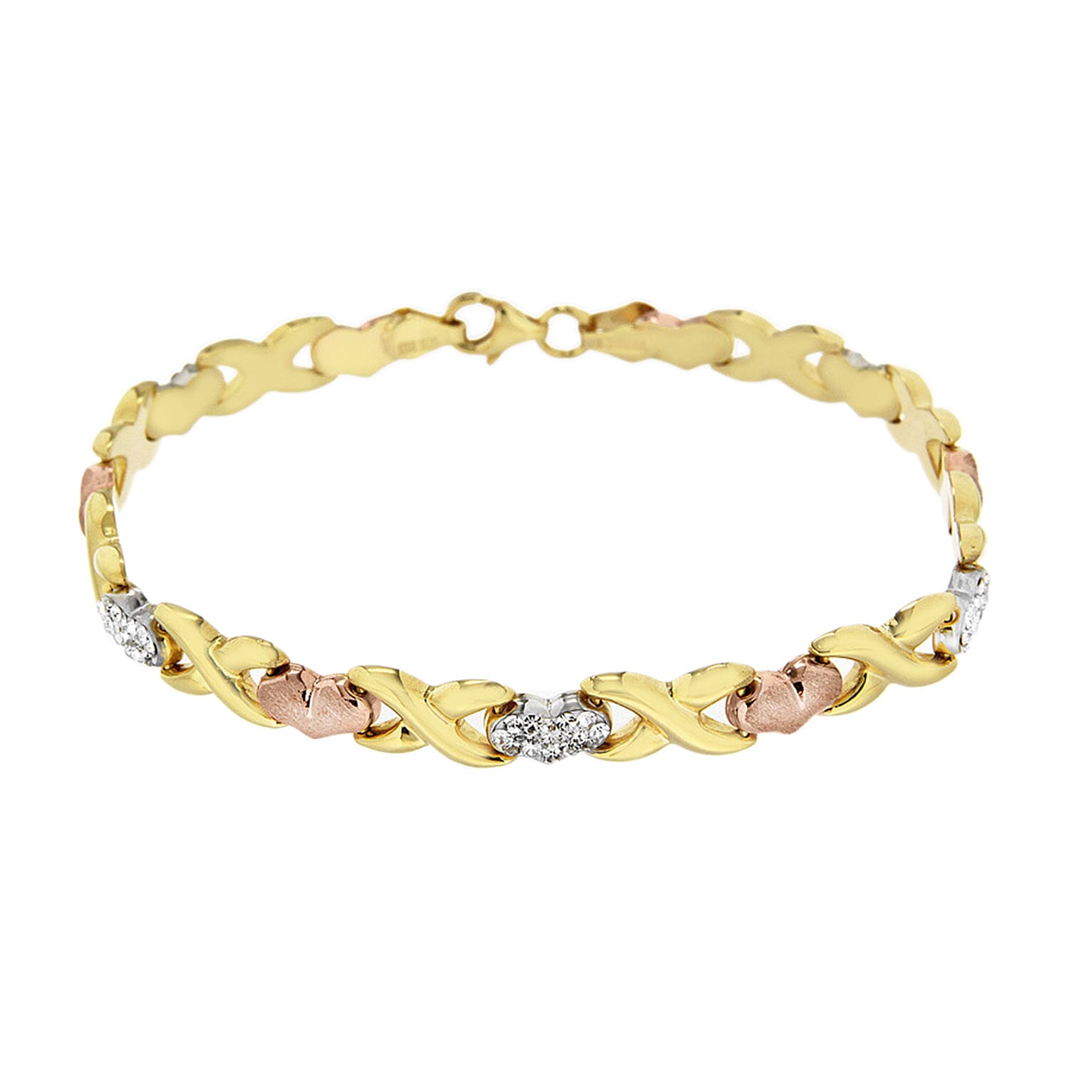 Simulated Diamond Three-Tone Heart and Kiss (XO) Bracelet (Size 7.5) in Rose, Yellow and White Gold Overlay Sterling Silver