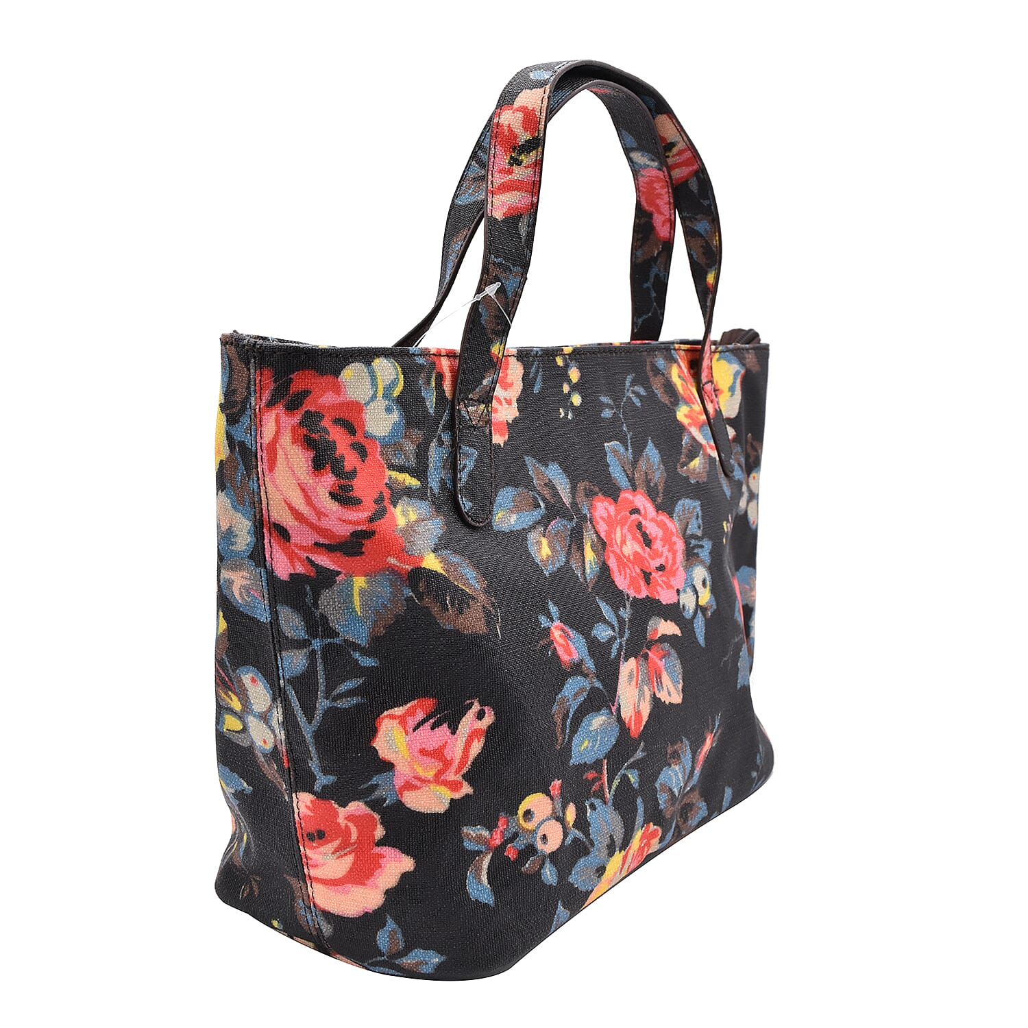Floral Print Handbag with Zipper Closure (Size 23x37x15cm) - Navy and Multi