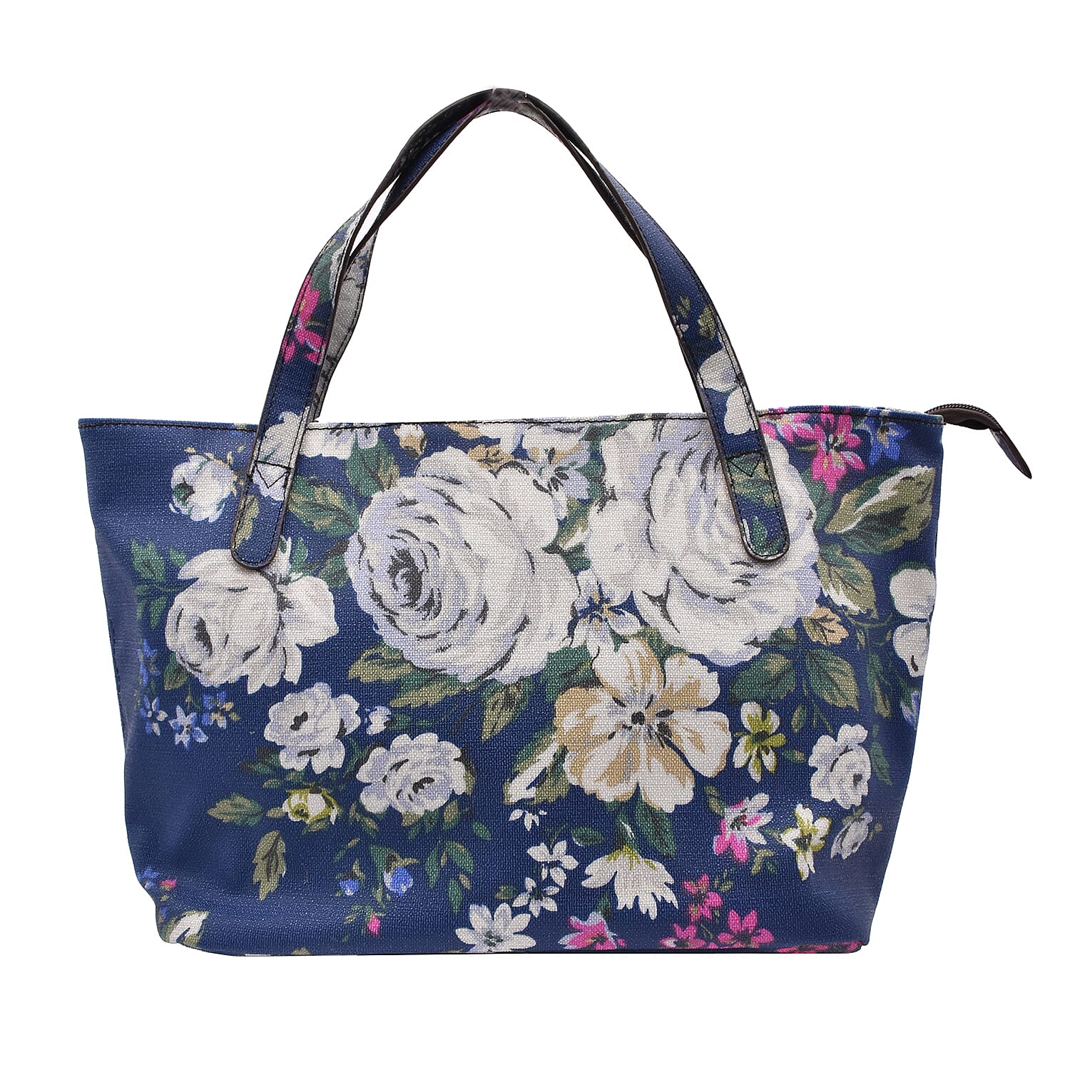 Floral Print Handbag with Zipper Closure (Size 23x37x15cm) - Navy and Multi