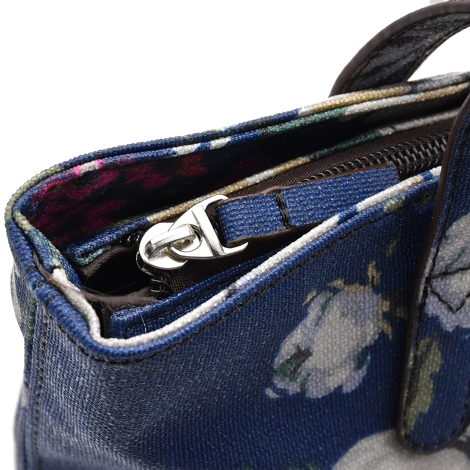 Floral Print Handbag with Zipper Closure (Size 23x37x15cm) - Navy and Multi