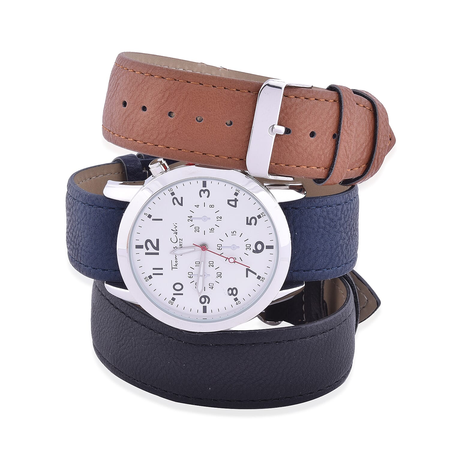 Thomas Calvi White Dial Mens Quartz Watch Gift Set with Interchangeable Straps in Silver Tone