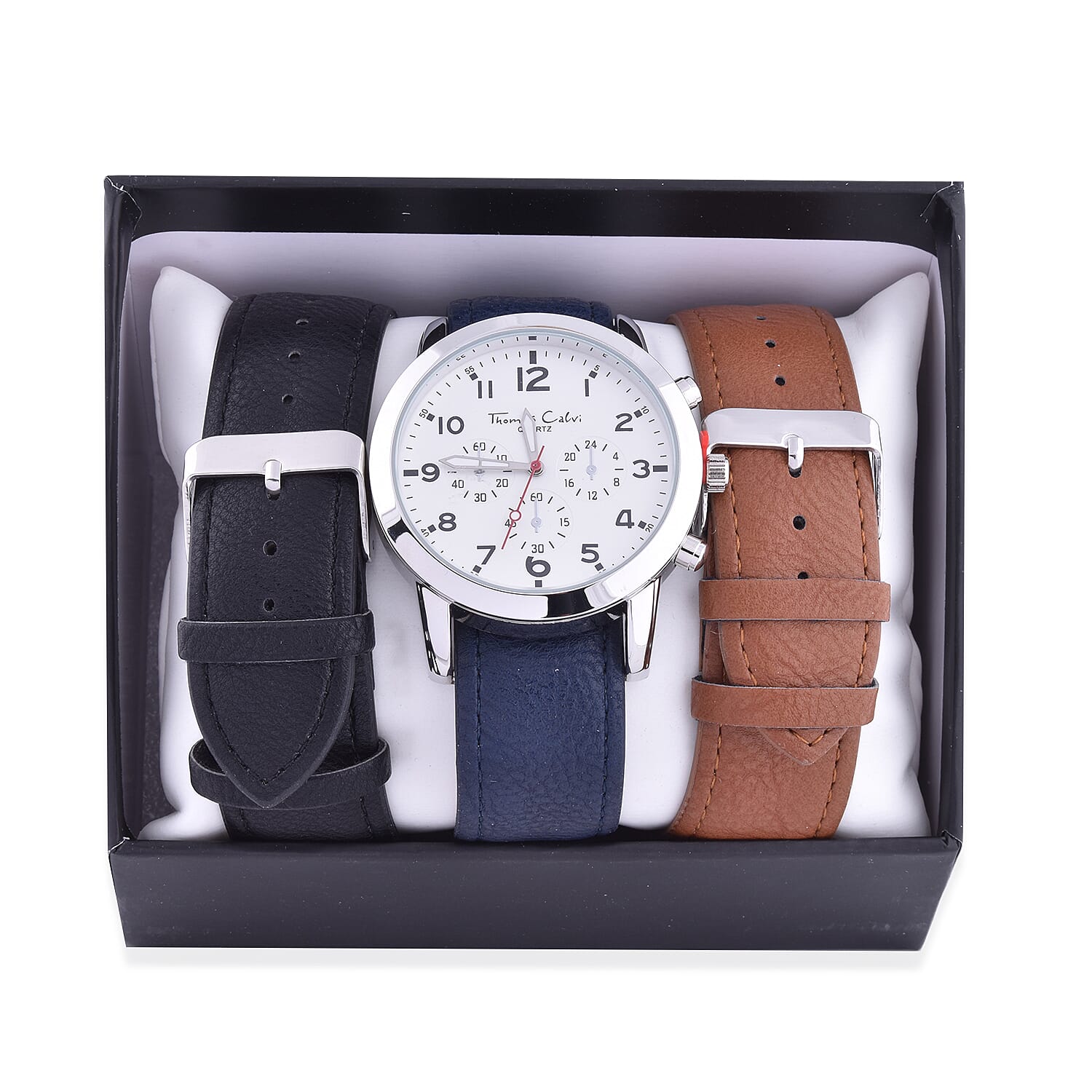 Thomas Calvi White Dial Mens Quartz Watch Gift Set with Interchangeable Straps in Silver Tone