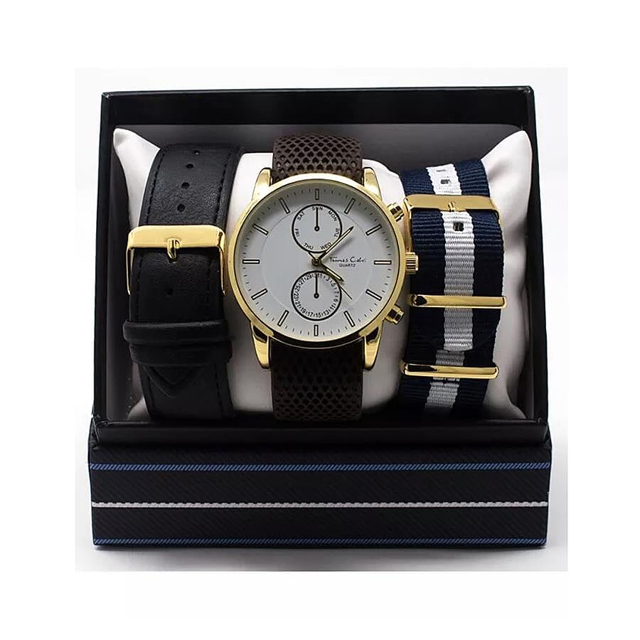 Thomas Calvi White Dial Mens Quartz Watch Gift Set with Interchangeable Straps in Gold Tone