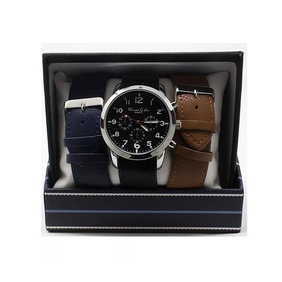 Thomas Calvi Black Dial Mens Quartz Watch Gift Set with Interchangeable Straps in Silver Tone