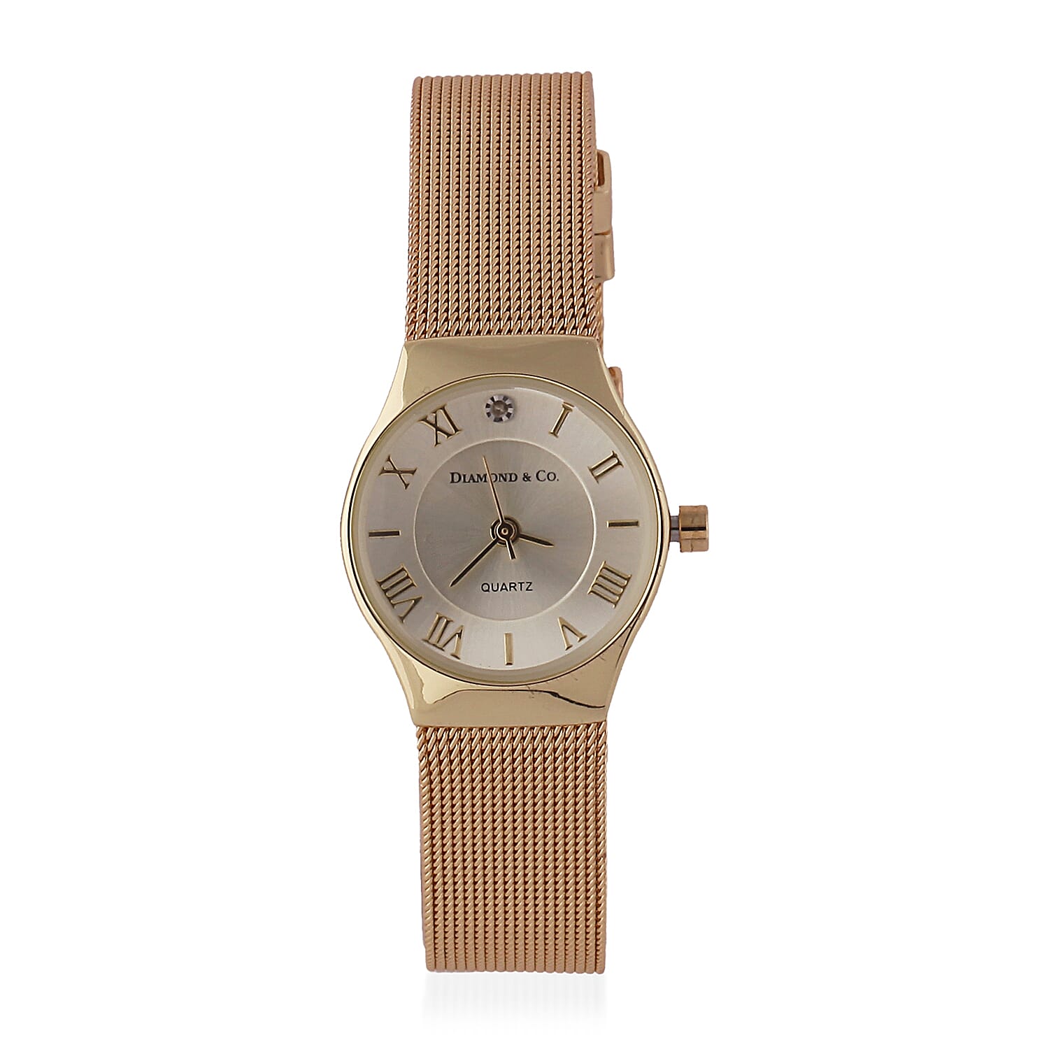 DIAMOND and CO LONDON Diamond Studded Bracelet Watch with a Stainless Steel Mesh Style Strap in Gold Tone