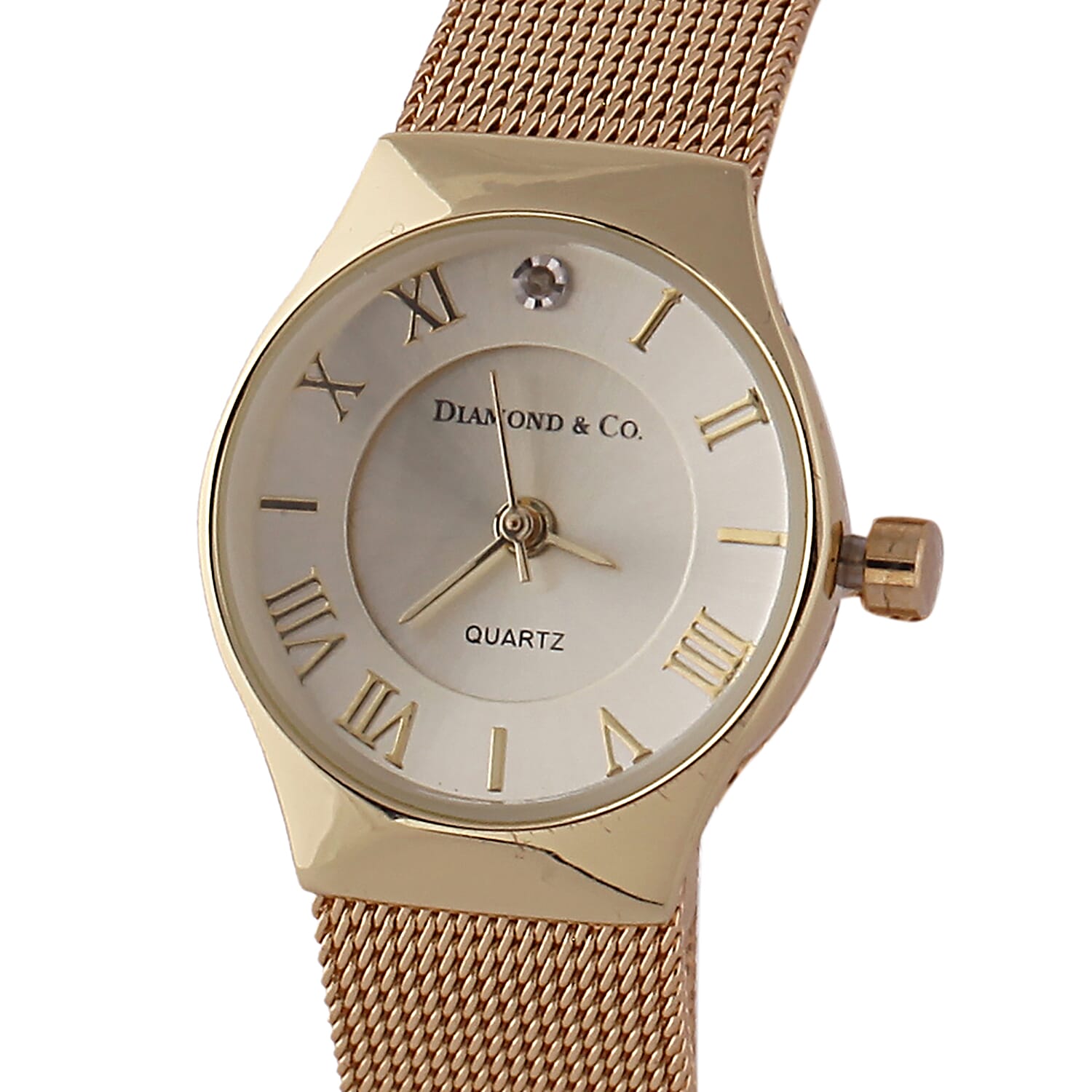 DIAMOND and CO LONDON Diamond Studded Bracelet Watch with a Stainless Steel Mesh Style Strap in Gold Tone