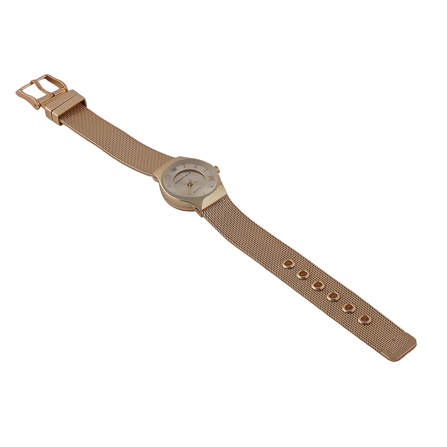 DIAMOND and CO LONDON Diamond Studded Bracelet Watch with a Stainless Steel Mesh Style Strap in Gold Tone